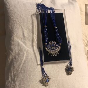Blue Beaded Eye Pendant Necklace Set - Women Jewelry